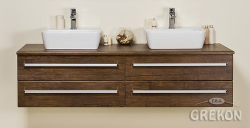 Szafka do łazienki antyczne drewno z dwiema nablatowymi umywalkami