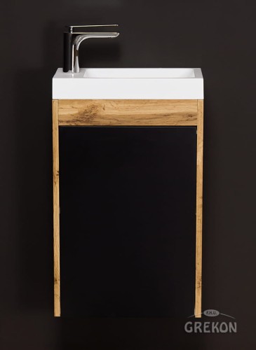 Szafka łazienkowa czarna 40cm CLER LOFT z umywalką i srebrną baterią