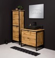 Meble łazienkowe w stylu loft, połączenie dębu naturalnego z czarnym stelażem
