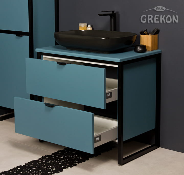 Nowoczesna szafka łazienkowa New York z ceramiczną czarna matową umywalką
