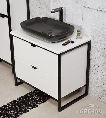 Szafka łazienkowa biała 80cm NEW YORK z umywalką czarną mat na czarnym matowym, aluminiowym stelażu