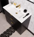 Czarna matowa szafka łazienkowa z białą dolomitową umywalką