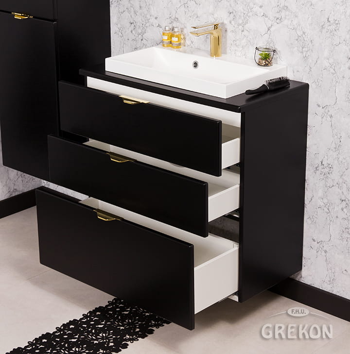 Wisząca szafka łazienkowa 80 cm z blatem oraz białą umywalką