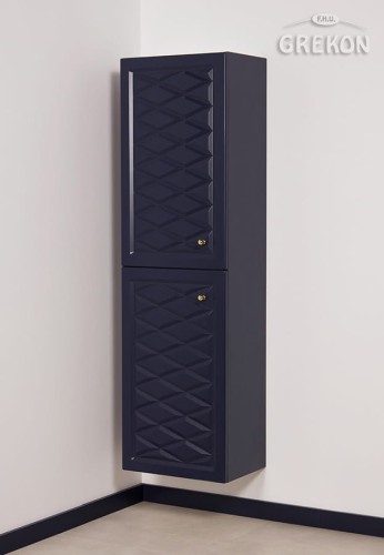 wysoki granatowy regał ,
eleganckie  złote uchwyty