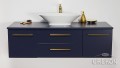 Granatowa szafka łazienkowa 140 cm z białą nablatową umywalką