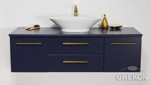 Granatowa szafka łazienkowa 140 cm z białą nablatową umywalką
