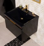 Szafka pod umywalkę z jedną szufladą i eleganckimi złotymi wstawkami
