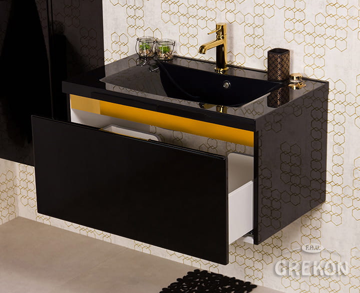 Czarna szafka łazienkowa 80 cm z elegancką złotą wstawką i czarną umywalką
