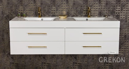 Biała szafka wykonana w macie z dwukomorową umywalka Belli Gold