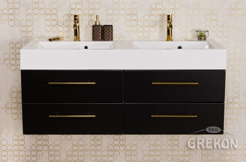 Matowa szafka w czarnym kolorze wraz z białą dwukomorową umywalką