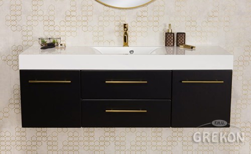 Czarna szafka ze złotymi uchwytami oraz białą umywalką Belli Gold