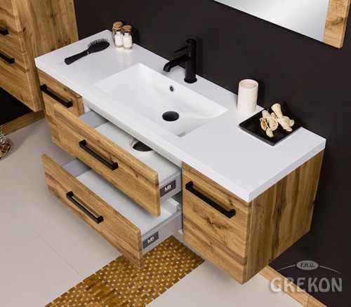 Szafka łazienkowa 120 cm z czarnymi uchwytami oraz białą umywalką