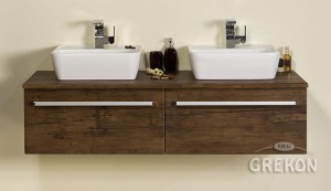Szafka łazienkowa antyczne drewno 140cm FOKUS z dwiema umywalkami