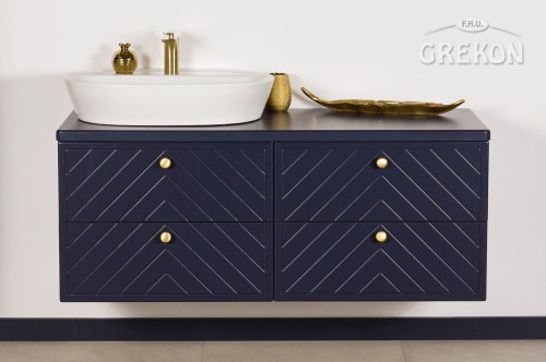 Granatowa szafka z białą ceramiczną umywalką