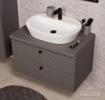 Szafka łazienkowa Kodi oraz biała ceramiczna umywalka