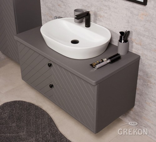 Szafka łazienkowa szary mat z białą ceramiczną umywalką