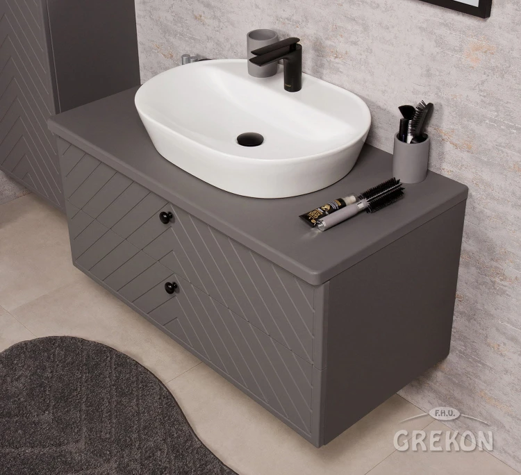 Szafka łazienkowa szary mat z białą ceramiczną umywalką