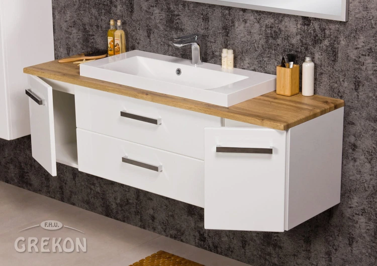 Szafka łazienkowa Fokus New 140cm z blatem naturalny dąb i umywalką