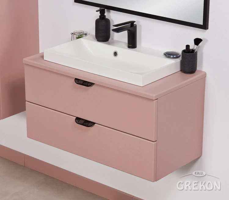Szafka Magnolia 80 cm pudrowy róż i biała umywalka
