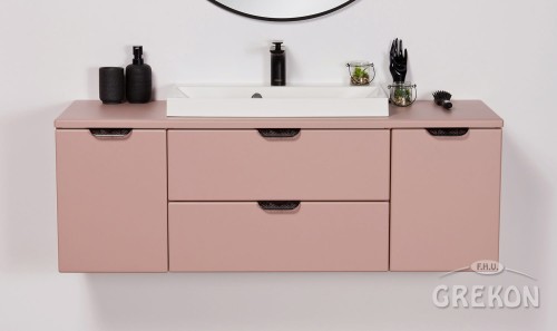 Różowa szafka łazienkowa 120 cm Magnolia z czarnymi uchwytami