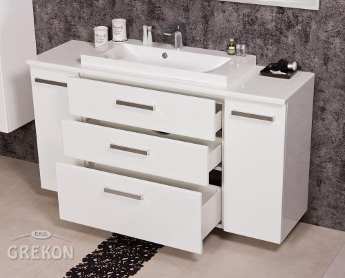 Wisząca szafka łazienkowa FOKUS NEW 140 cm z białą umywalką