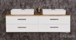 Biała szafka łazienkowa z blatem naturalny dąb oraz ceramicznymi umywalkami
