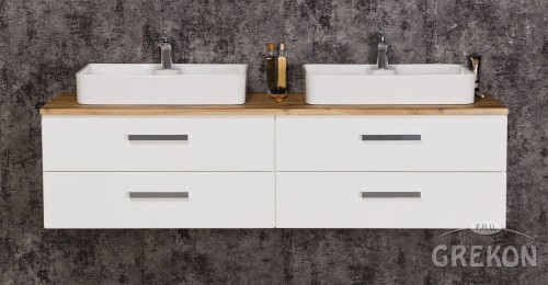 Biała szafka łazienkowa z blatem naturalny dąb oraz ceramicznymi umywalkami