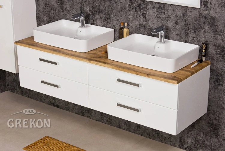 Szafka łazienkowa FOKUS NEW z dwiema ceramicznymi umywalkami.