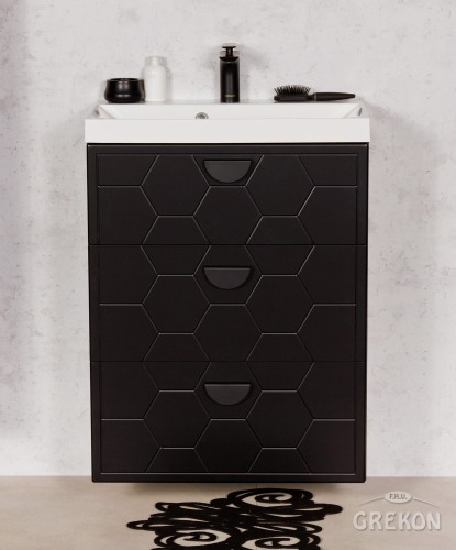 Czarna szafka łazienkowa 60cm Domino z białą dolomitową umywalką