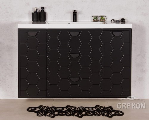 Czarna szafka łazienkowa Domino z białą dolomitową umywalką