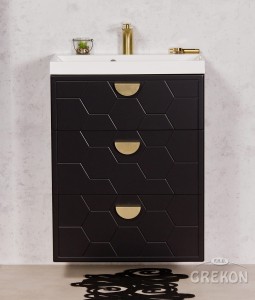 Szafka łazienkowa czarna 60cm DOMINO z umywalką białą - złote uchwyty