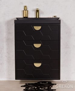 Szafka łazienkowa czarna 60cm DOMINO z umywalką czarną - złote uchwyty