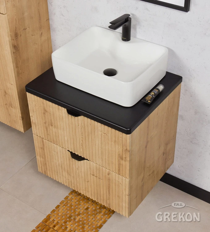 Szafka Brendo 60 cm z czarnym blatem oraz białą ceramiczną umywalką