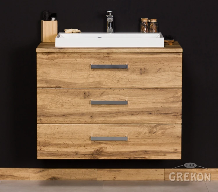 Szafka do łazienki 80 cm z blatem i białą umywalką seria Fokus New