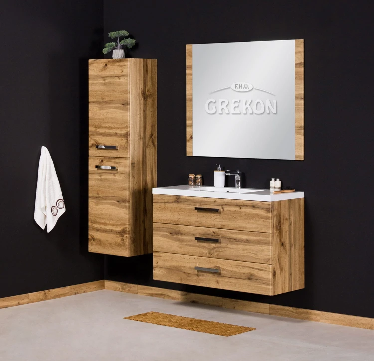 Komplet eleganckich mebli do łazienki w kolorze naturalnego dębu