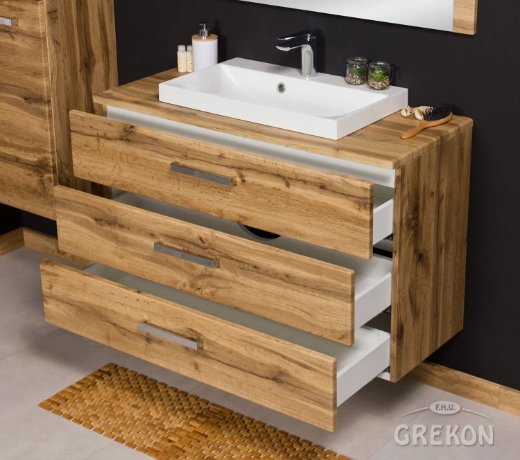 Nowoczesna i elegancka szafka w kolorze natural eiche z białą dolomitową umywalką