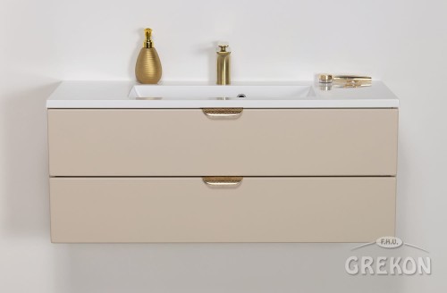 Szafka łazienkowa w piaskowym kolorze z białą umywalką seria Magnolia