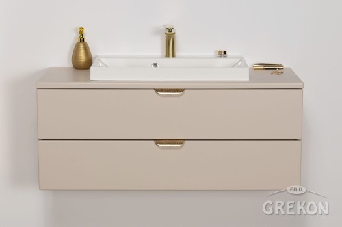 Piaskowa szafka do łazienki z białą nablatową umywalką