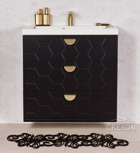 Szafka łazienkowa czarna 80cm DOMINO z umywalką białą - złote uchwyty