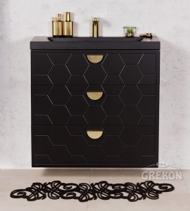 Szafka łazienkowa czarna 80cm DOMINO z umywalką czarną - złote uchwyty