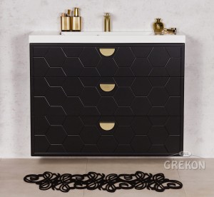 Szafka łazienkowa czarna 100cm DOMINO z umywalką białą - złote uchwyty