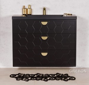 Szafka łazienkowa czarna 100cm DOMINO z umywalką czarną - złote uchwyty