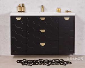 Szafka łazienkowa czarna 120cm DOMINO z umywalką białą - złote uchwyty