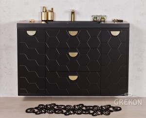 Szafka łazienkowa czarna 120cm DOMINO z umywalką czarną - złote uchwyty