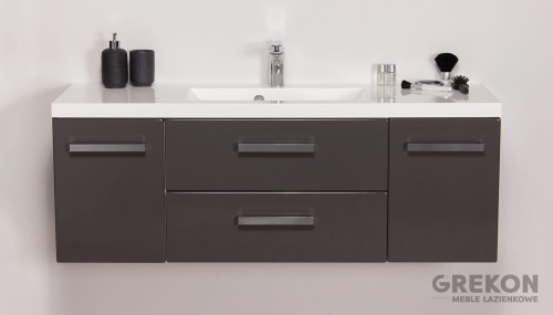 Szara szafka łazienkowa z białą dolomitową umywalką seria Fokus New