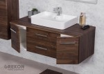 Brązowa matowa szafka do łazienki wraz z białą ceramiczną umywalką
