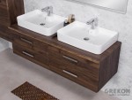 Elegancka brązowa szafka łazienkowa z dwiema umywalkami ceramicznymi