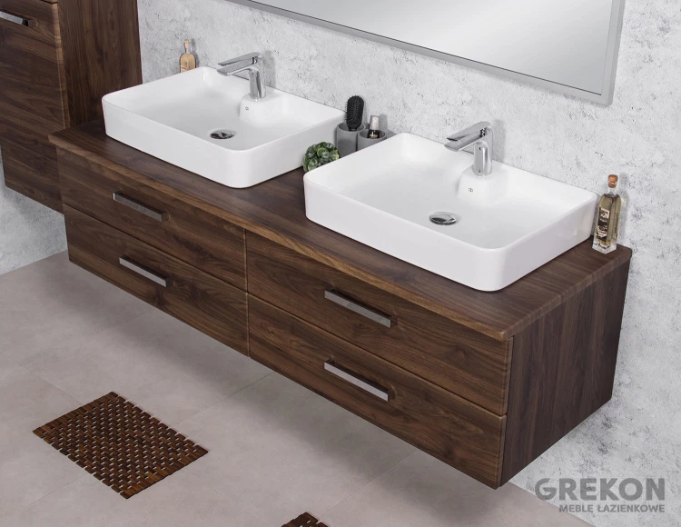 Podwieszana szafka łazienkowa 160 cm z dwiema ceramicznymi umywalkami seria Fokus New