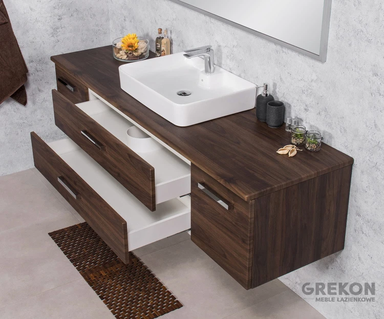 Brązowa matowa szafka łazienkowa z nablatową ceramiczną umywalką