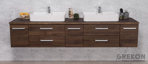 Nowoczesna szafka łazienkowa w kolorze brązowy orzech z dwiema ceramicznymi umywalkami seria Fokus New